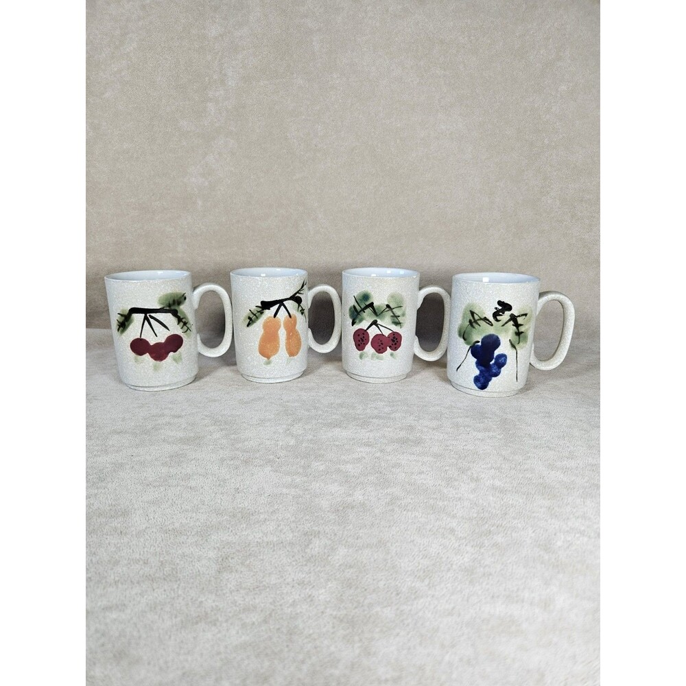 Vintage Set of 4 MCM Fruit Produce Design Stoneware Coffee Mugs Rustic Finish